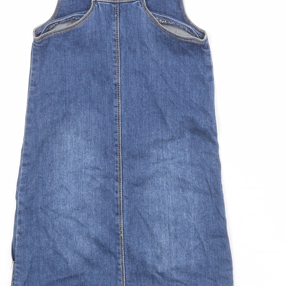 Joules Girls Blue Cotton Pinafore/Dungaree Dress Size 9-10 Years Scoop Neck Button