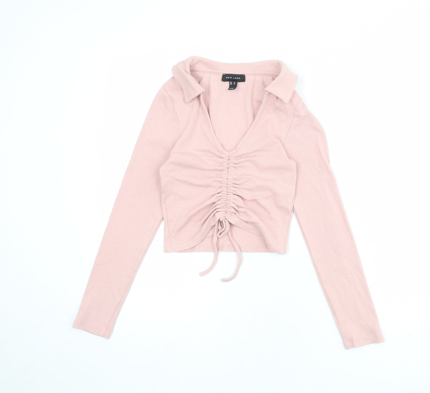 New Look Womens Pink Cotton Cropped T-Shirt Size 8 Collared - Ribbed