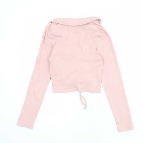 New Look Womens Pink Cotton Cropped T-Shirt Size 8 Collared - Ribbed