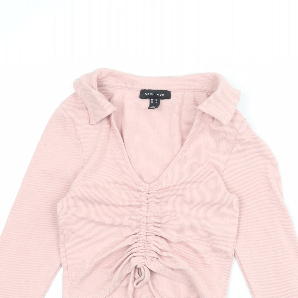 New Look Womens Pink Cotton Cropped T-Shirt Size 8 Collared - Ribbed