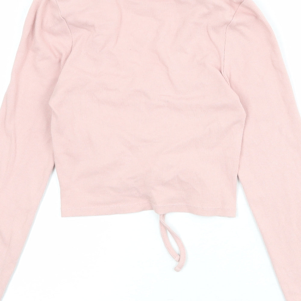 New Look Womens Pink Cotton Cropped T-Shirt Size 8 Collared - Ribbed