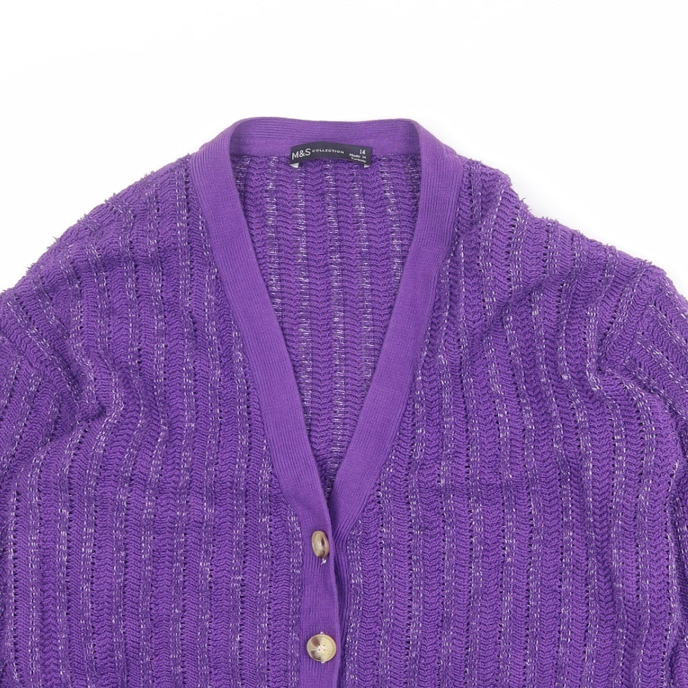 Marks and Spencer Womens Purple V-Neck Cotton Cardigan Jumper Size 14