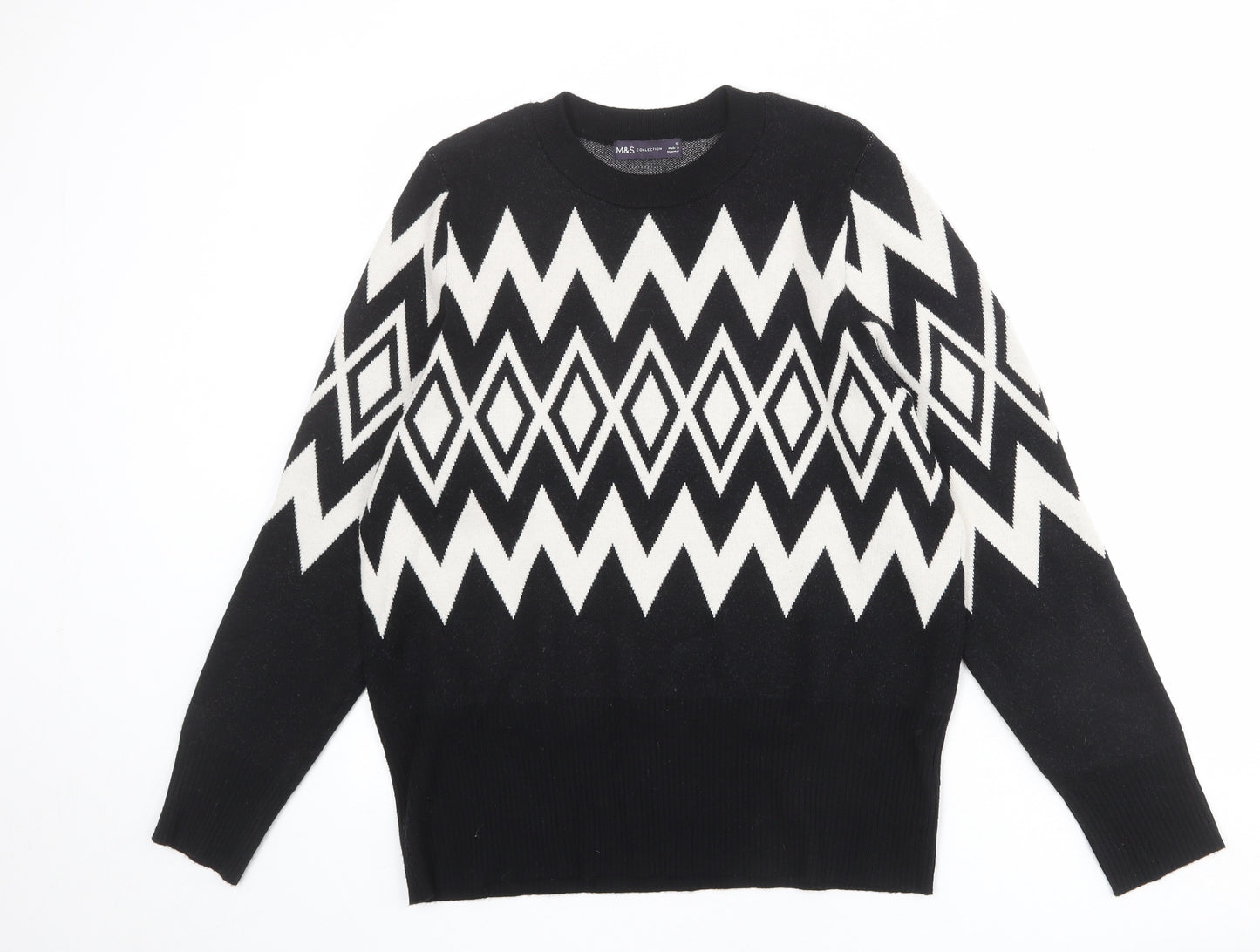 Marks and Spencer Womens Black Crew Neck Argyle/Diamond Viscose Pullover Jumper Size 18