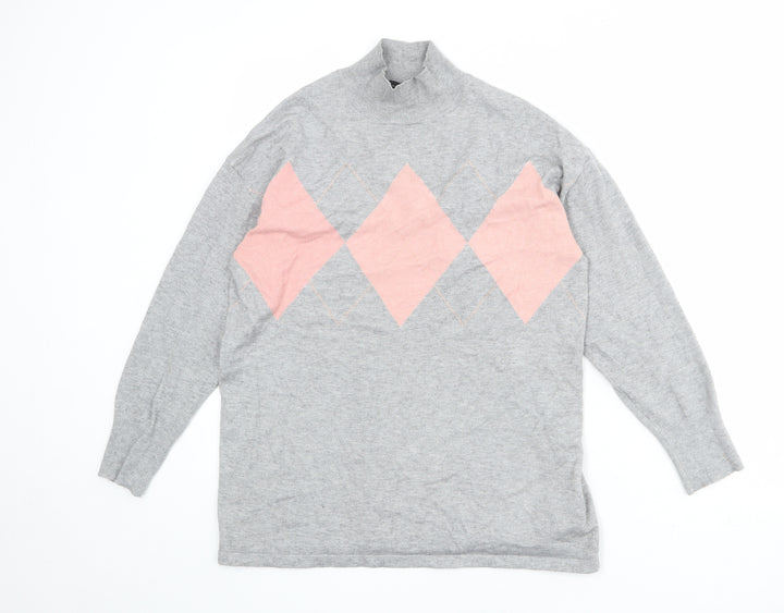 Dorothy Perkins Womens Grey Mock Neck Argyle/Diamond Viscose Pullover Jumper Size 12