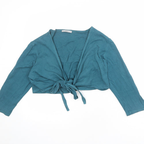 Marks and Spencer Womens Blue 100% Cotton Cropped Blouse Size 16 V-Neck - Tie Front Detail