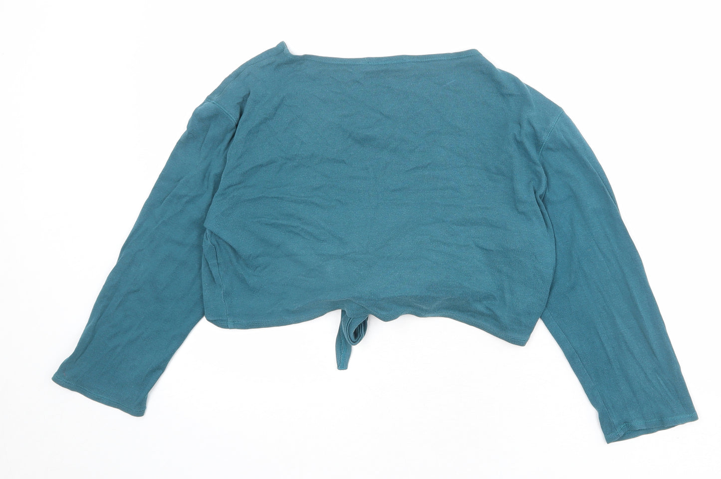 Marks and Spencer Womens Blue 100% Cotton Cropped Blouse Size 16 V-Neck - Tie Front Detail