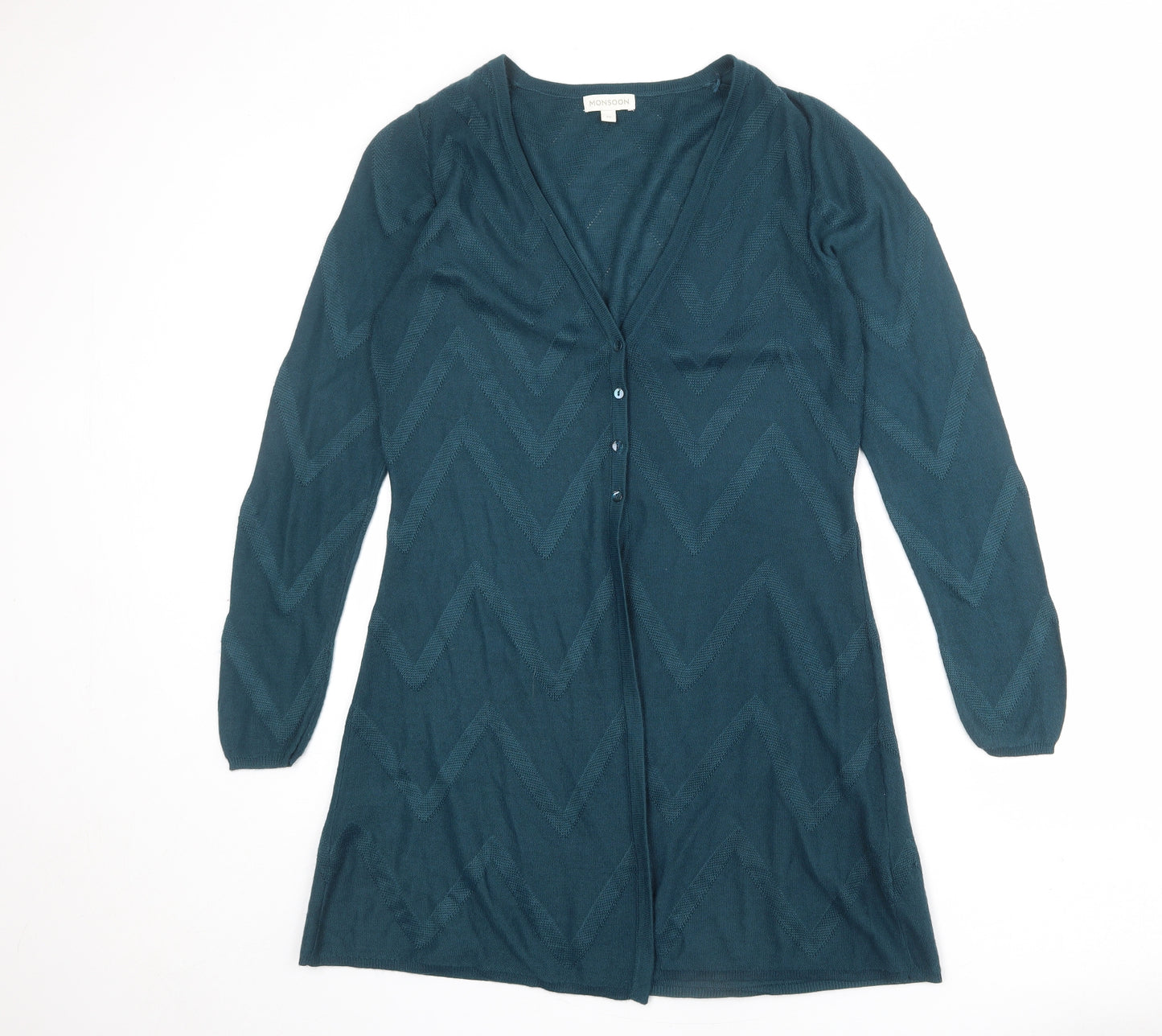 Monsoon Womens Blue V-Neck Geometric Acrylic Cardigan Jumper Size M