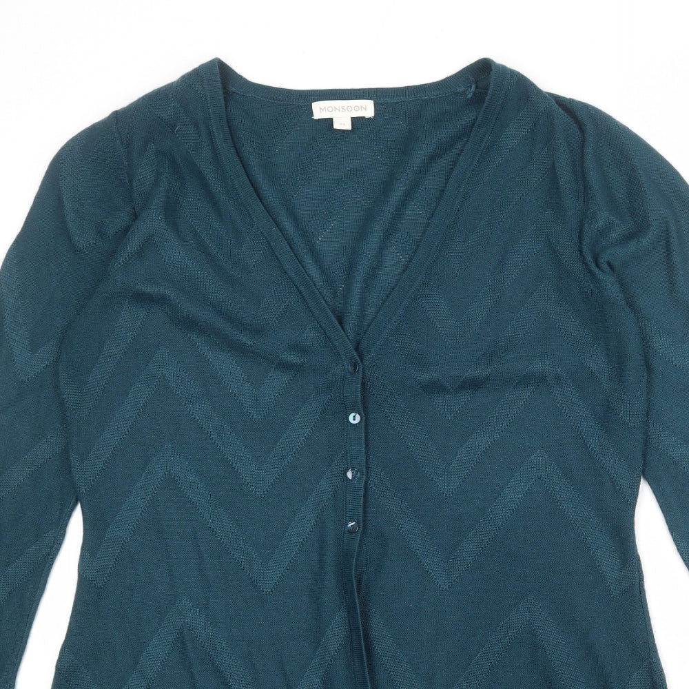 Monsoon Womens Blue V-Neck Geometric Acrylic Cardigan Jumper Size M