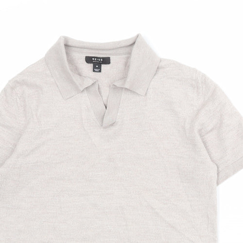 Reiss Mens Beige Collared Wool Pullover Jumper Size M Short Sleeve