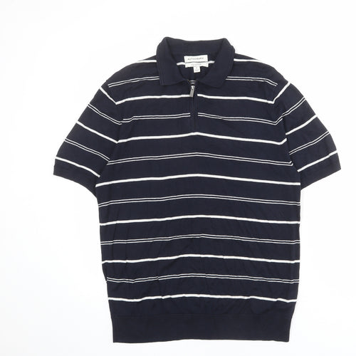 Autograph Mens Blue Striped Silk Polo Size M Collared Zip