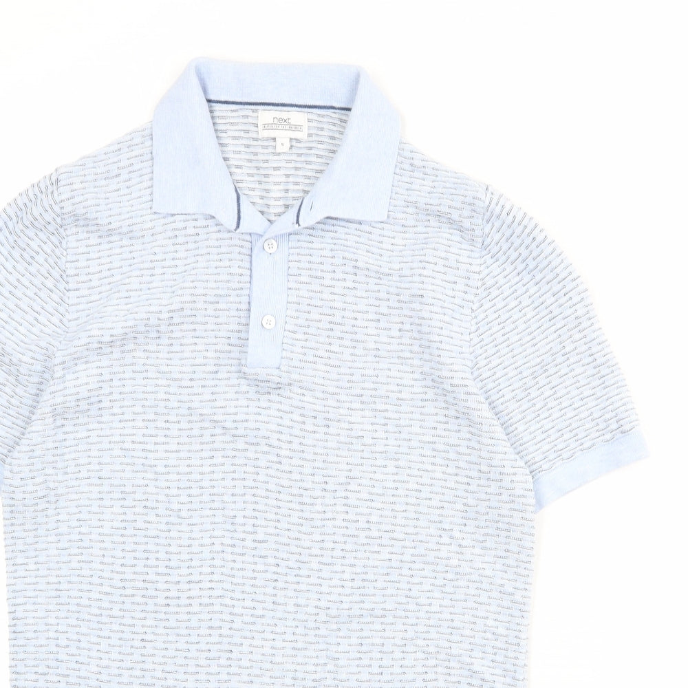 NEXT Mens Blue Geometric 100% Cotton Polo Size S Collared Button