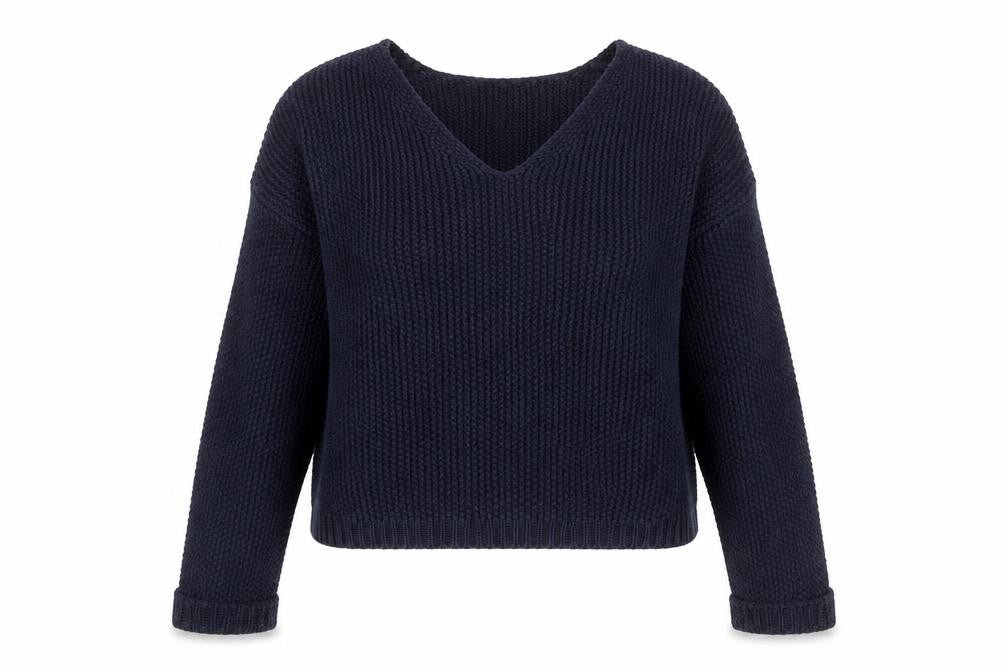 Front view of New Look women’s blue v-neck 100% cotton jumper, size UK 12