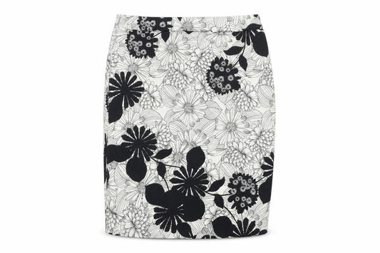 Front view of Marks & Spencer women’s white floral polyester bandage skirt, size UK 36, in zip
