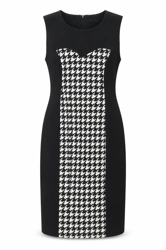 Front view of M&Co women’s black houndstooth polyester shift, size UK 12, round neck zip