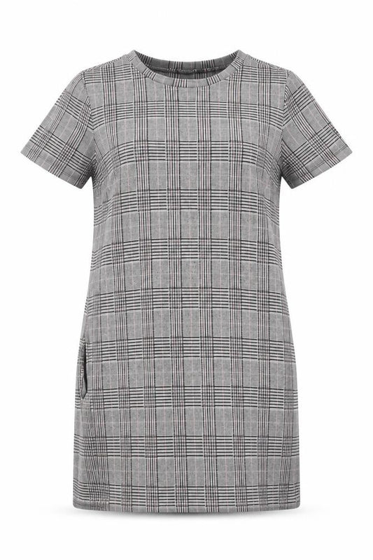 Front view of Next women’s grey plaid polyester shift, size UK 12, crew neck pullover