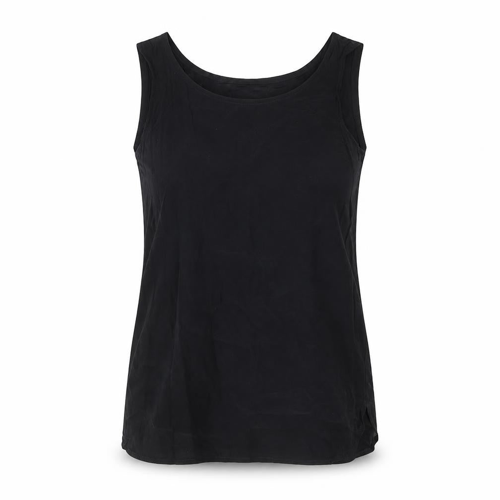 Front view of Mondi women’s black viscose basic tank, size UK 8, boat neck