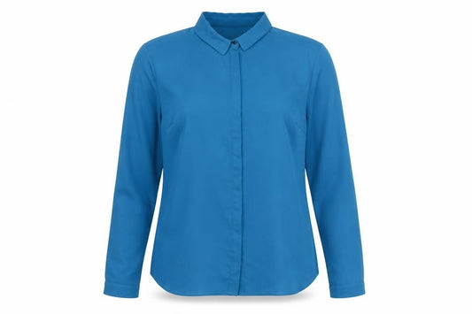 Front view of Warehouse women’s blue polyester basic button-up, size UK 16, collared