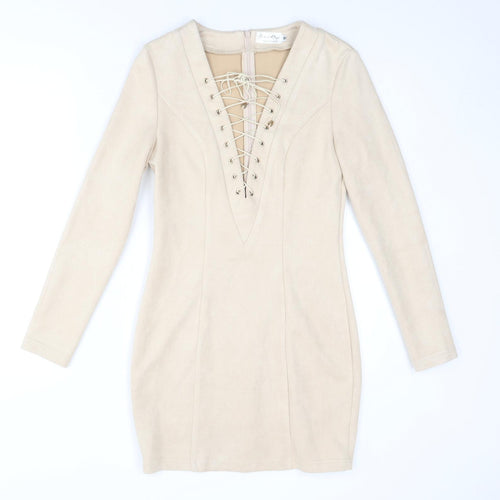 Ashanti Brazil Womens Beige Polyester Bodycon Size 10 V-Neck Zip