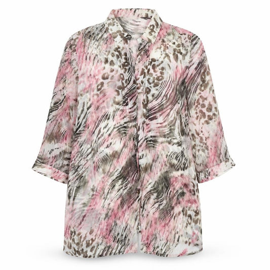 Front view of Basler women’s multicoloured animal print polyester basic button-up, size UK 18, collared