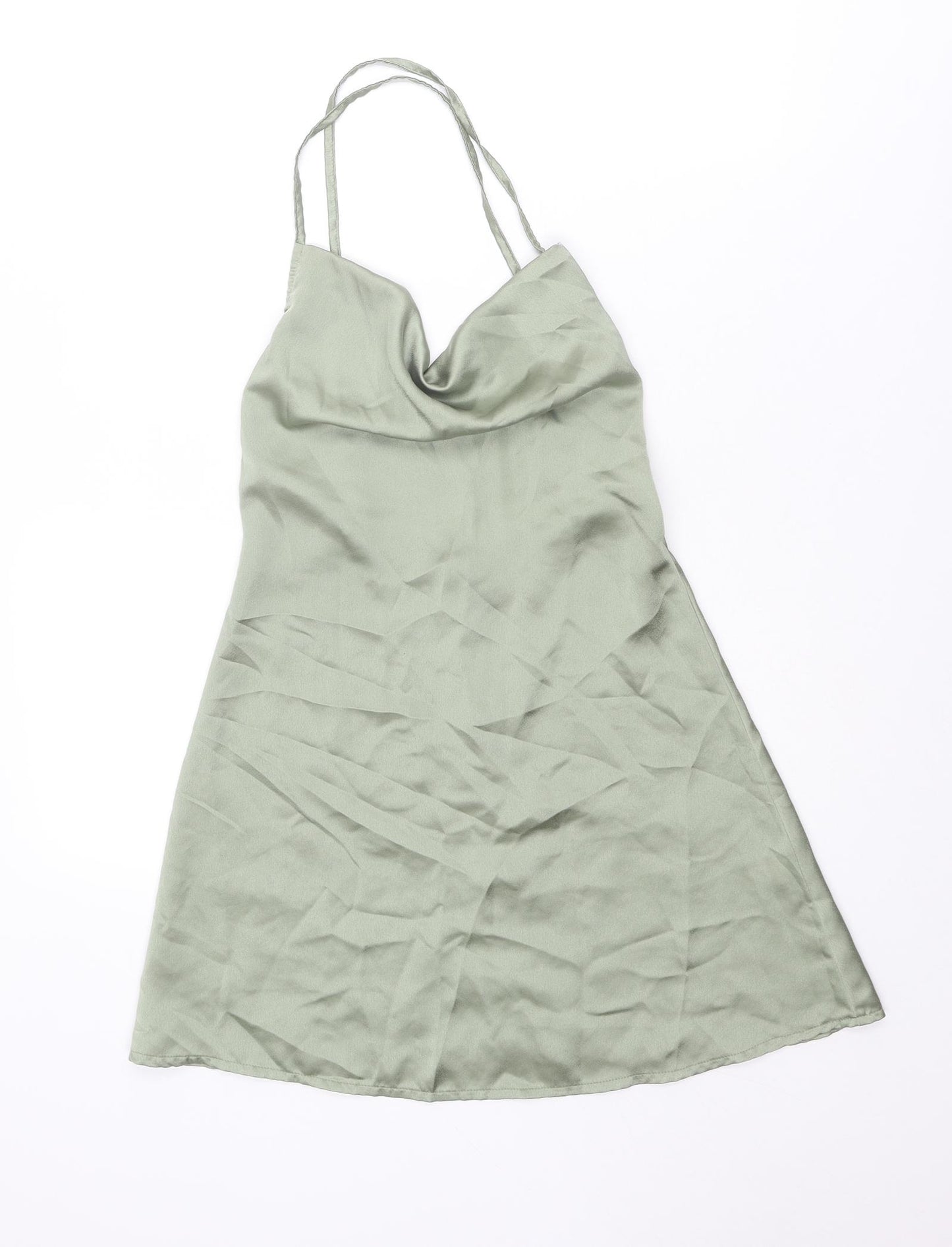 PRETTYLITTLETHING Womens Green Polyester Slip Dress Size 6 Cowl Neck Zip