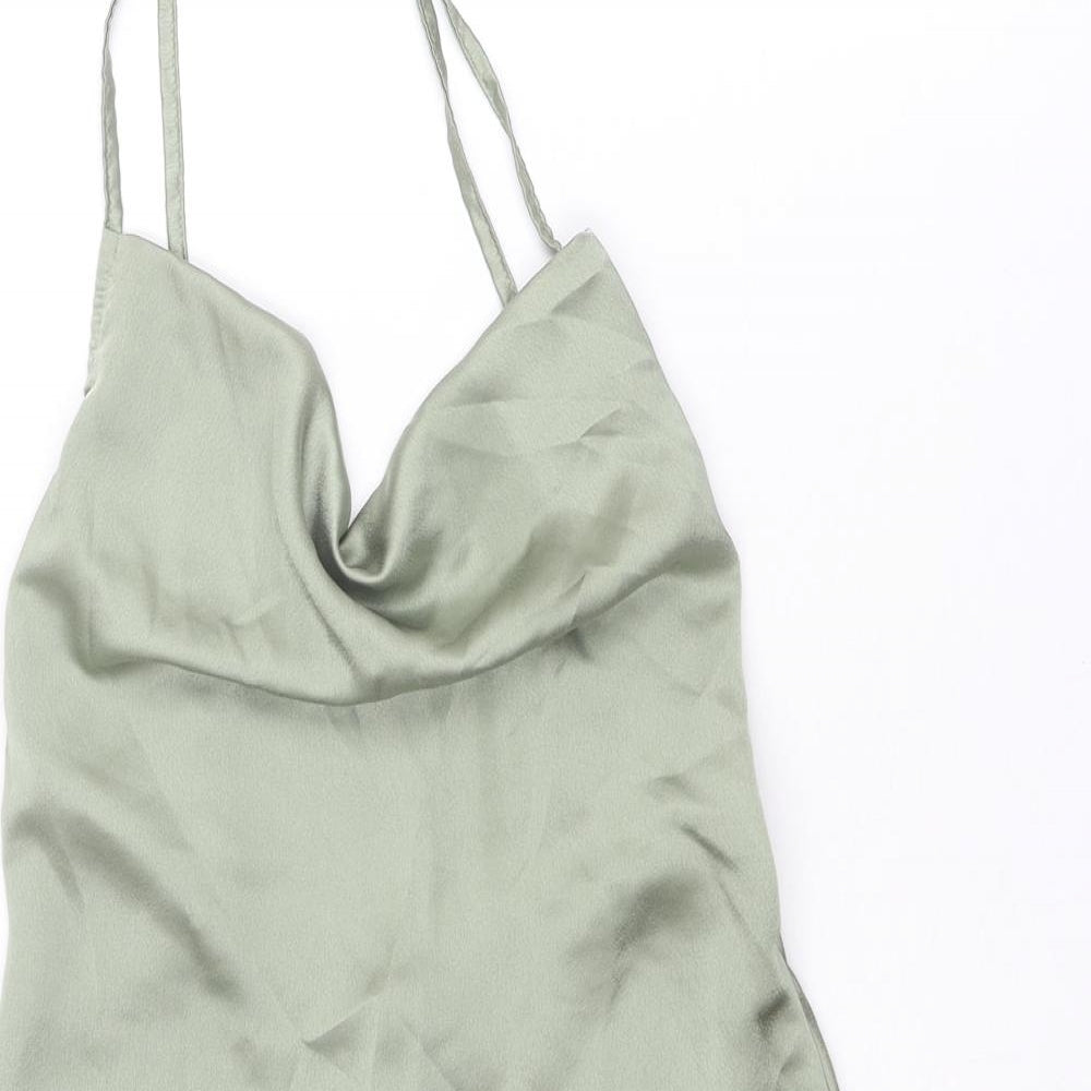 PRETTYLITTLETHING Womens Green Polyester Slip Dress Size 6 Cowl Neck Zip