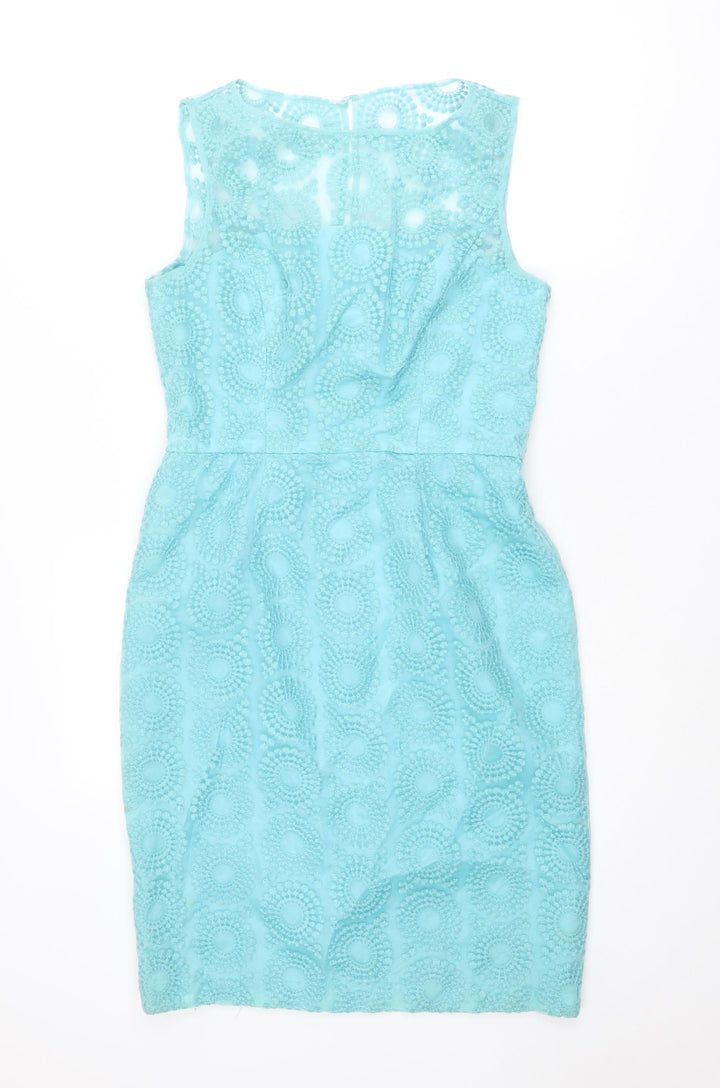 Maggy London Womens Blue Geometric Polyester Shift Size 10 Round Neck Zip