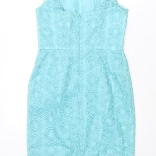 Maggy London Womens Blue Geometric Polyester Shift Size 10 Round Neck Zip