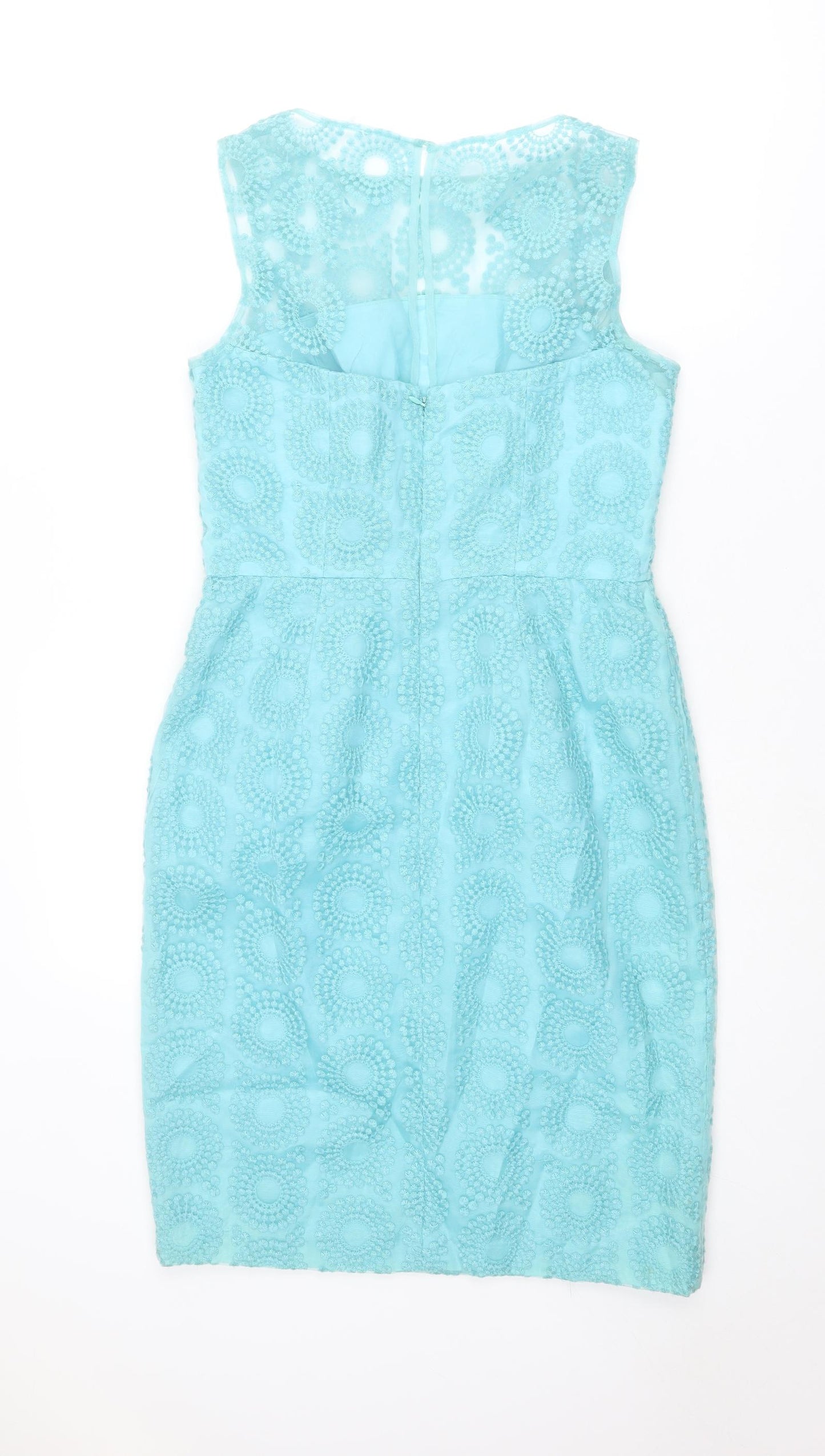Maggy London Womens Blue Geometric Polyester Shift Size 10 Round Neck Zip