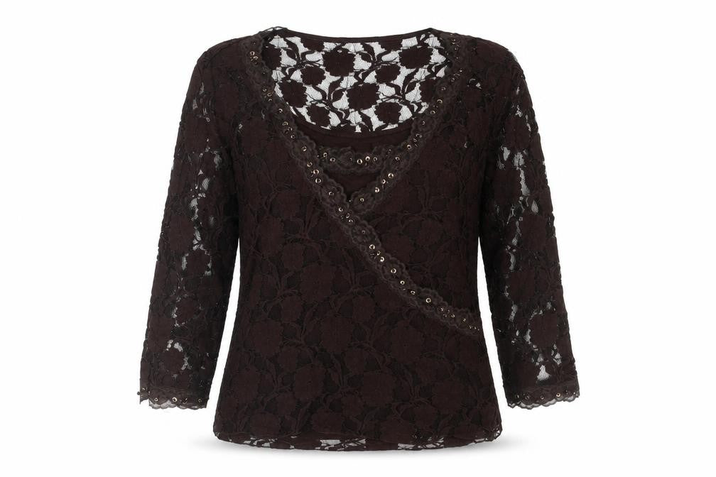 Front view of Nightingales women’s brown nylon basic blouse, size XL, scoop neck