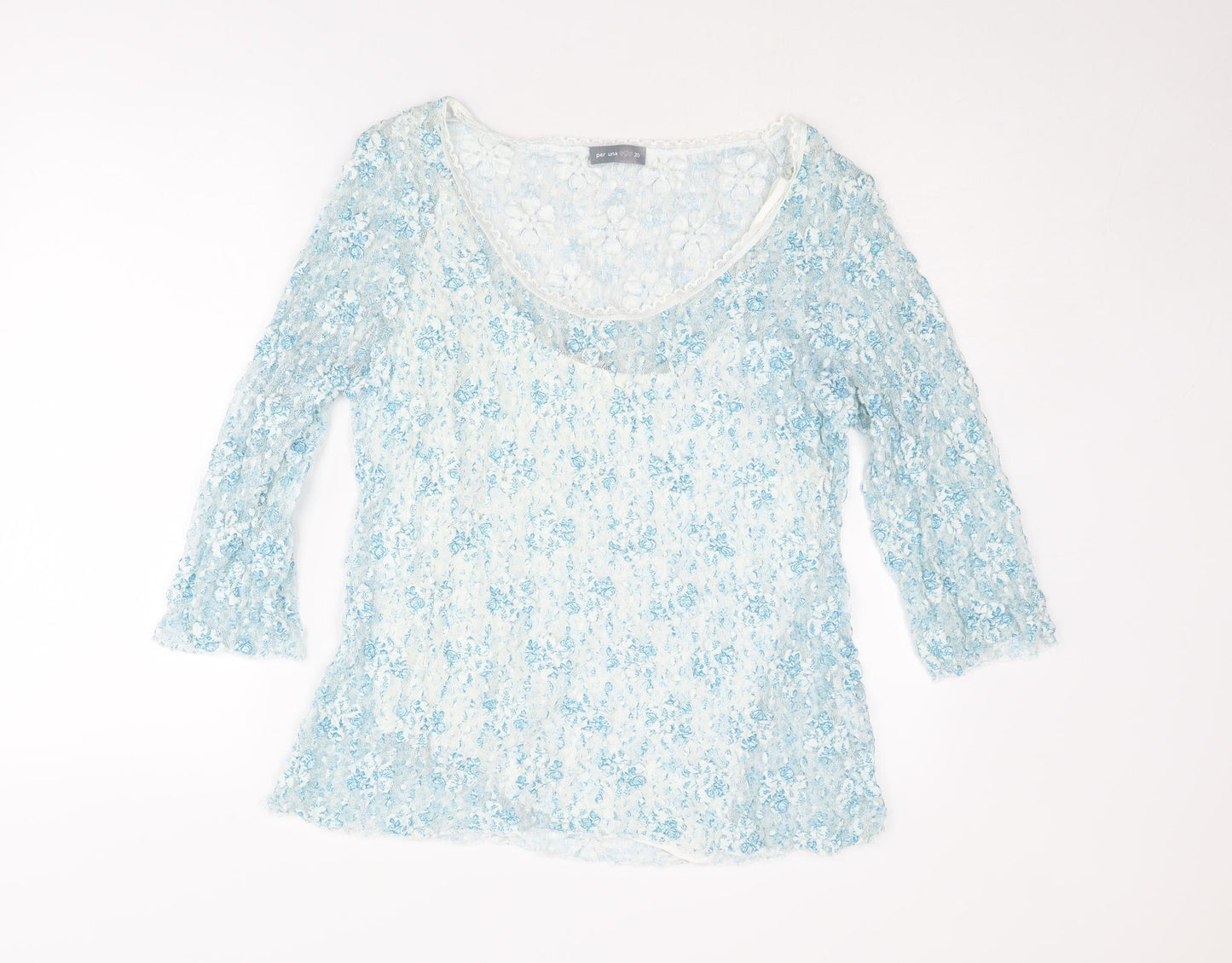 Per Una Womens Blue Floral Cotton Basic Blouse Size 20 Boat Neck