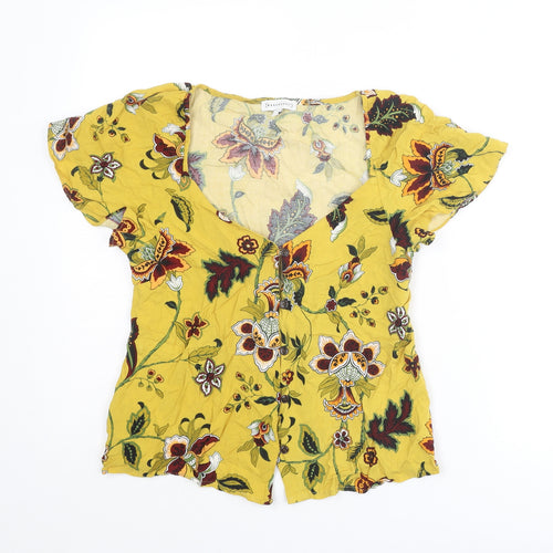 Warehouse Womens Yellow Floral Viscose Basic Blouse Size 8 V-Neck