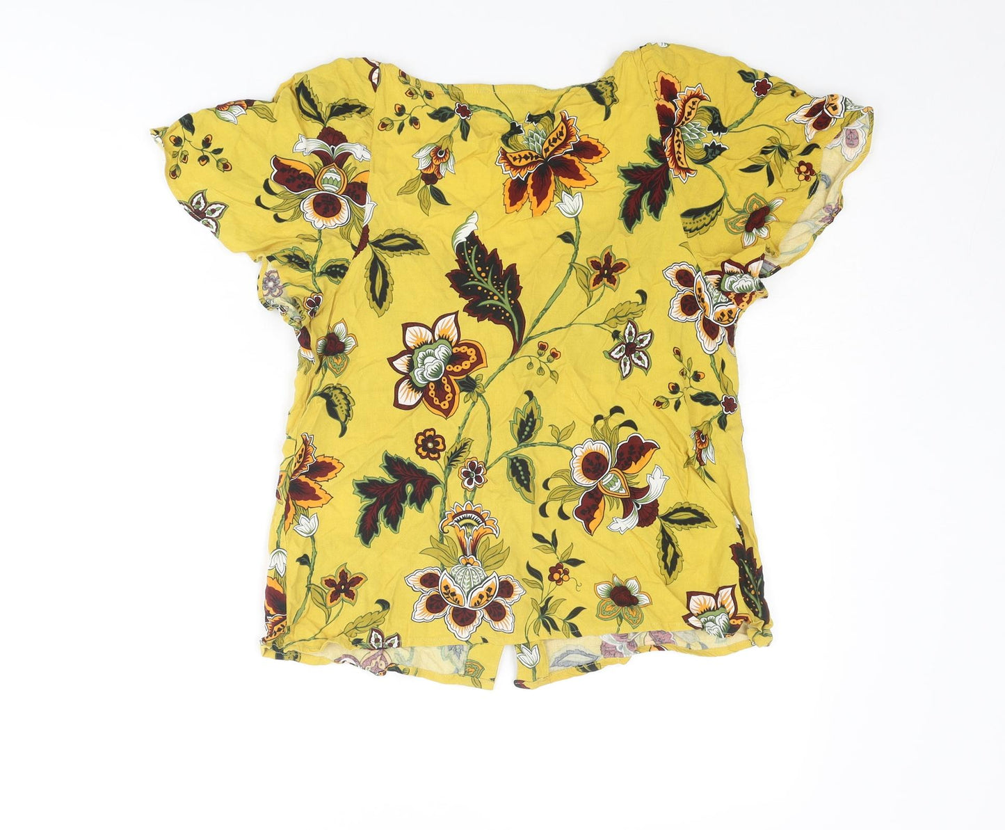 Warehouse Womens Yellow Floral Viscose Basic Blouse Size 8 V-Neck