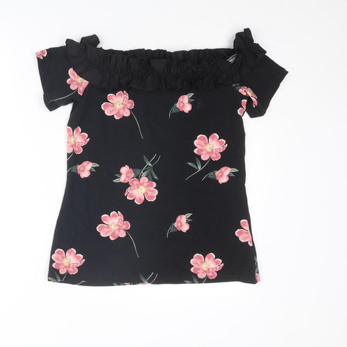 Dorothy Perkins Womens Black Floral Cotton Basic T-Shirt Size 14 Off the Shoulder