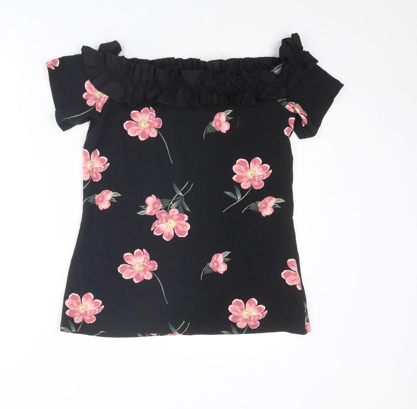 Dorothy Perkins Womens Black Floral Cotton Basic T-Shirt Size 14 Off the Shoulder