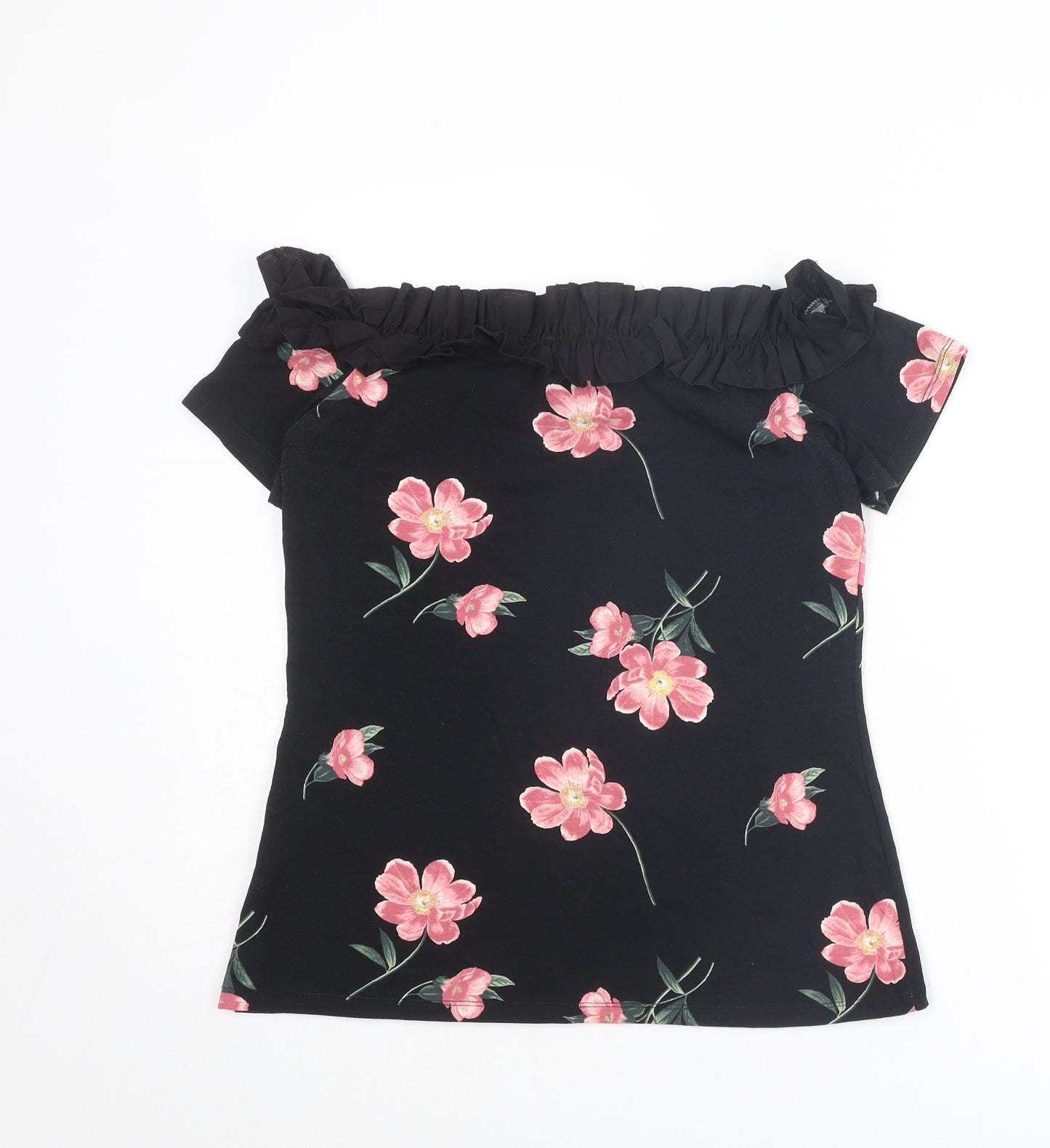 Dorothy Perkins Womens Black Floral Cotton Basic T-Shirt Size 14 Off the Shoulder