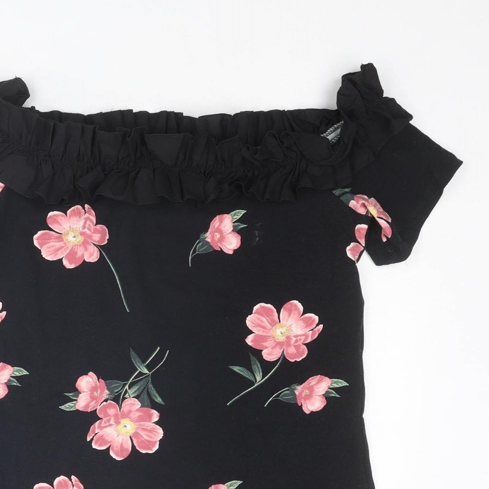 Dorothy Perkins Womens Black Floral Cotton Basic T-Shirt Size 14 Off the Shoulder