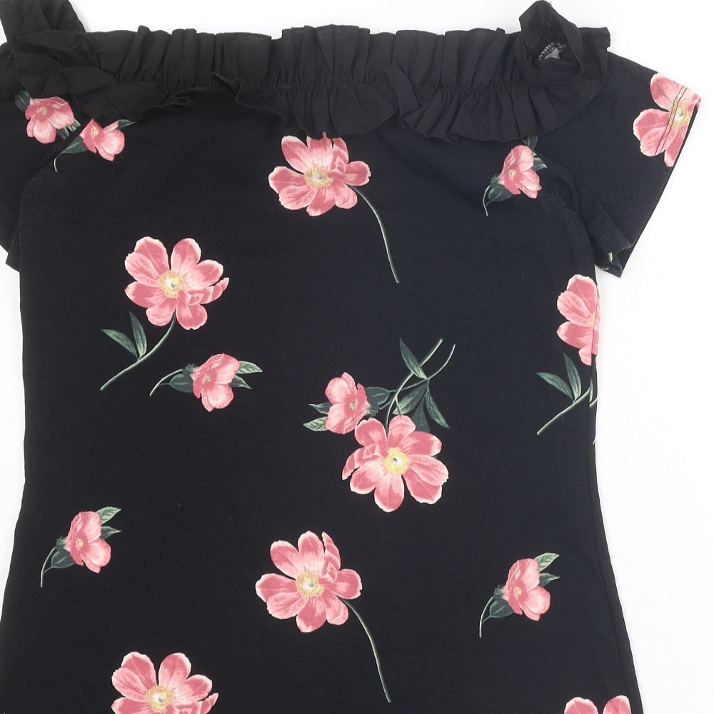 Dorothy Perkins Womens Black Floral Cotton Basic T-Shirt Size 14 Off the Shoulder