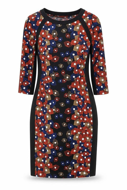 Front view of Marks & Spencer women’s multicoloured geometric polyester shift, size UK 10, round neck pullover