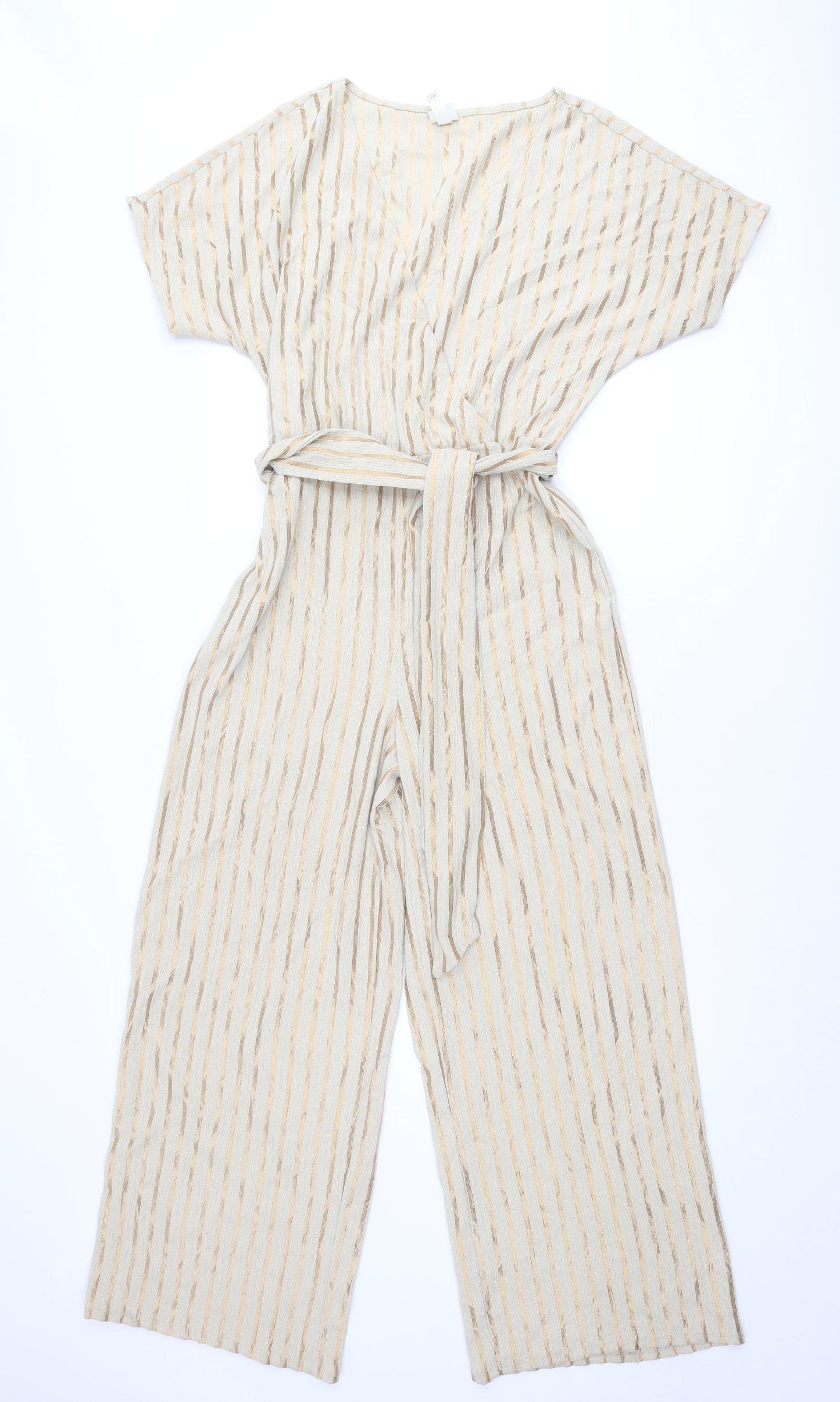 H&M Womens Beige Striped Polyester Jumpsuit One-Piece Size M L29 in Pullover