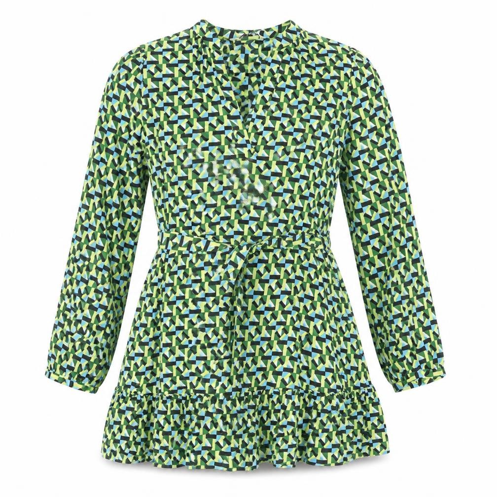 Front view of Zara women’s multicoloured geometric viscose a-line, size S, round neck pullover