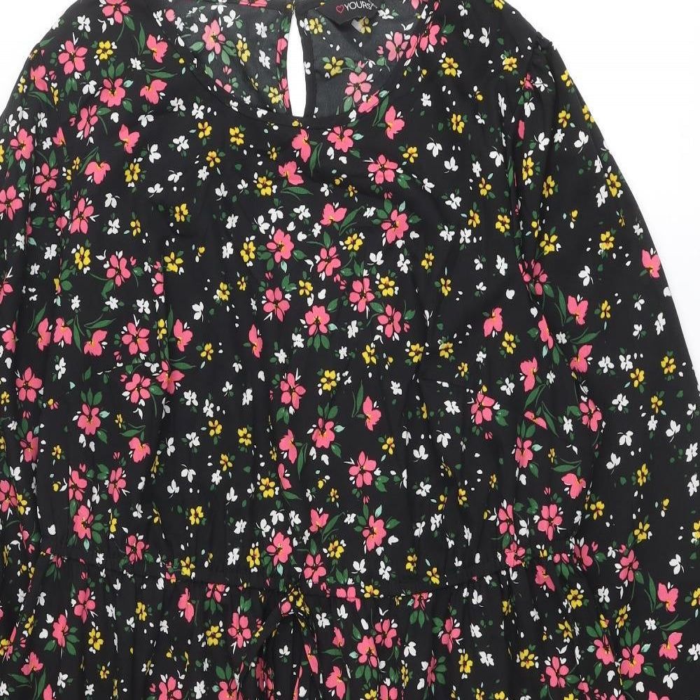 Yours Womens Black Floral Polyester A-Line Size 22 Round Neck Button