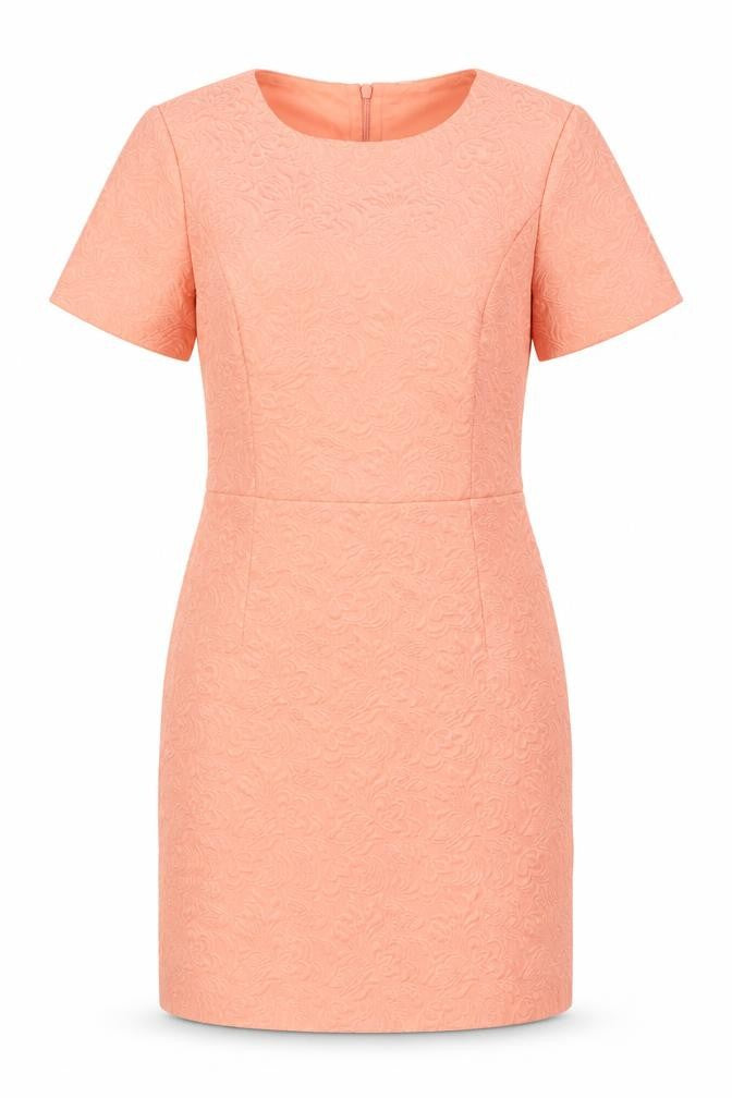 Front view of Oasis women’s pink geometric polyester shift, size UK 10, round neck zip