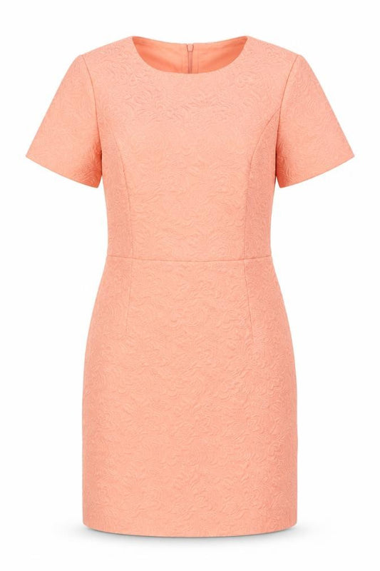 Front view of Oasis women’s pink geometric polyester shift, size UK 10, round neck zip