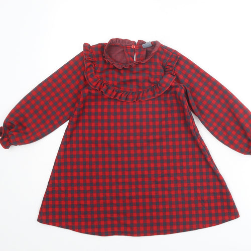 NEXT Girls Red Plaid Polyester A-Line Size 4-5 Years Round Neck Button