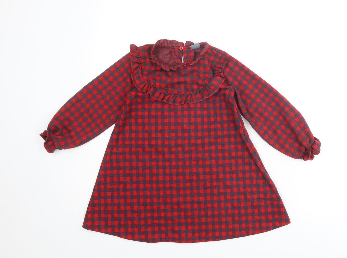 NEXT Girls Red Plaid Polyester A-Line Size 4-5 Years Round Neck Button
