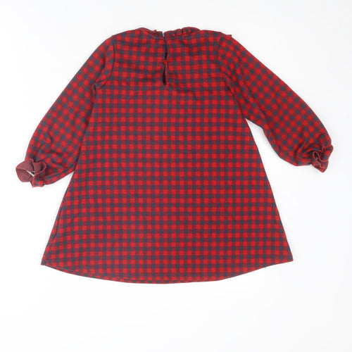 NEXT Girls Red Plaid Polyester A-Line Size 4-5 Years Round Neck Button