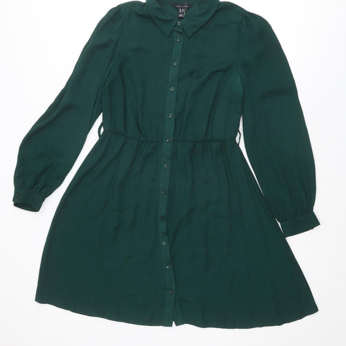 New Look Womens Green Polyester Shirt Dress Size 10 Collared Button