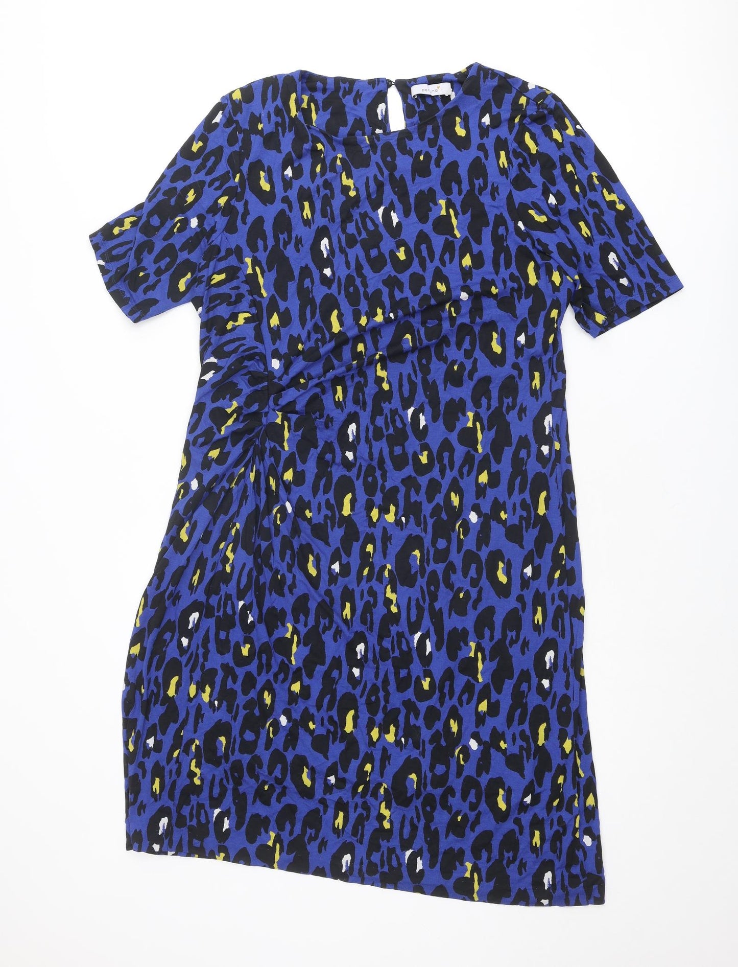 Marks and Spencer Womens Blue Animal Print Viscose Shift Size 18 Round Neck Button - Leopard pattern