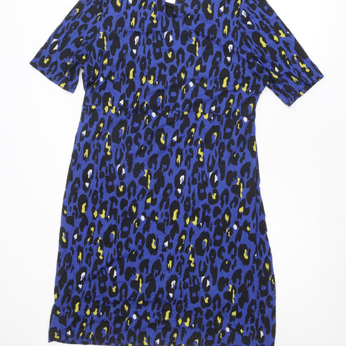 Marks and Spencer Womens Blue Animal Print Viscose Shift Size 18 Round Neck Button - Leopard pattern