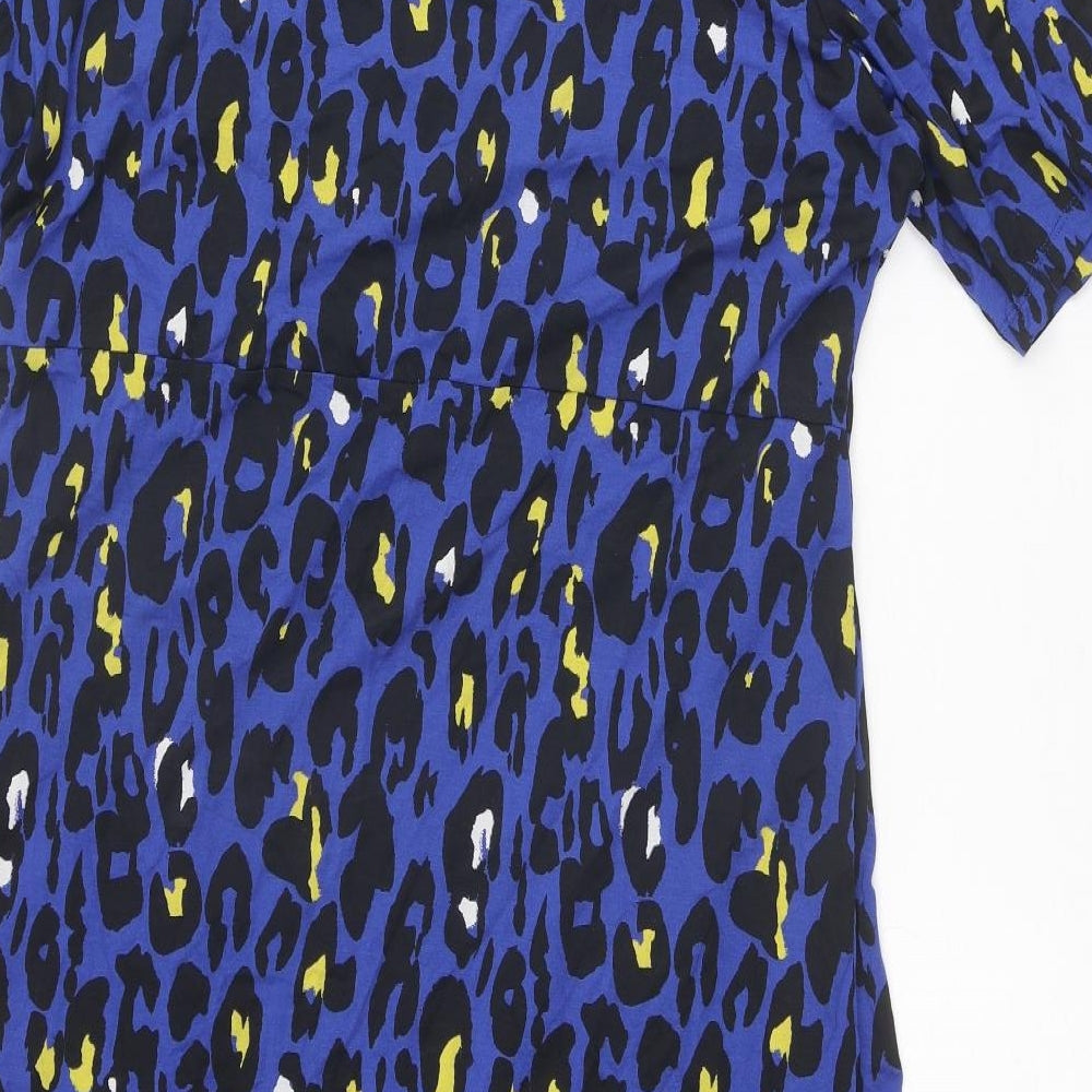 Marks and Spencer Womens Blue Animal Print Viscose Shift Size 18 Round Neck Button - Leopard pattern